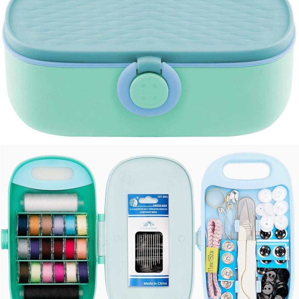FKOG Cyan Green Sewing Project Kit, 135 Pcs Family Travel Sewing Kit Sewing Supplies Repair Kit Sewing Thread Accessories DIY Sewing Supplies Organizer (Cyan Green Sewing kit)