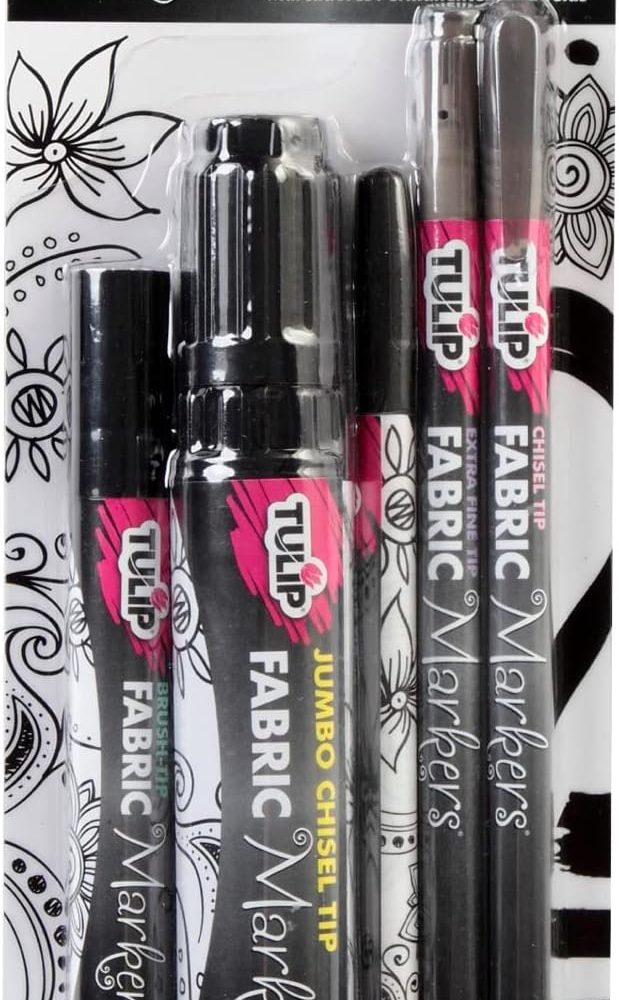 Permanent Nontoxic Fabric Markers 5 Pack Variety Pack - Brush Tip, Bullet Tip, Chisel Tip, Extra Fine Tip, Child Safe, Minimal Bleed & Fast Drying - Premium Quality for T-shirts, Clothes, Shoes, Bags & Other Fabric Materials