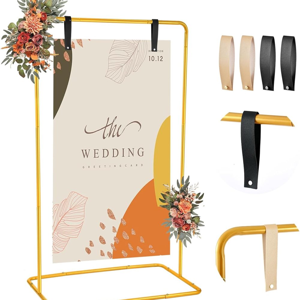 Wedding Welcome Sign Stand, 68”x31”x 20” Heavy Duty Easel Stand for Sign with 4 Leather Strap, Welcome to Our Wedding Sign Holder, Metal Floor Standing Easels for Signs, Poster, Gold
